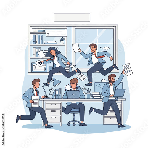 Vector illustration of office employees in business suits rushing frantically around desks with laptops and flying papers, depicting a chaotic deadline and high-stress workplace.