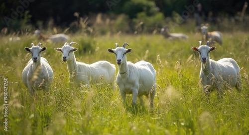 White goats in a vibrant gr...