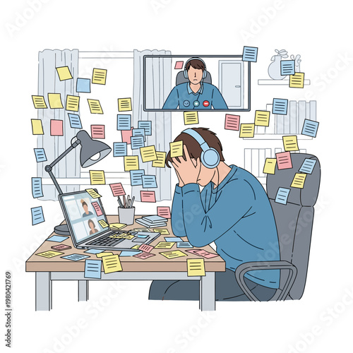 Illustration of a stressed male remote worker at a desk overwhelmed by numerous sticky notes, holding his head in his hands during a video call on a laptop and wall monitor.