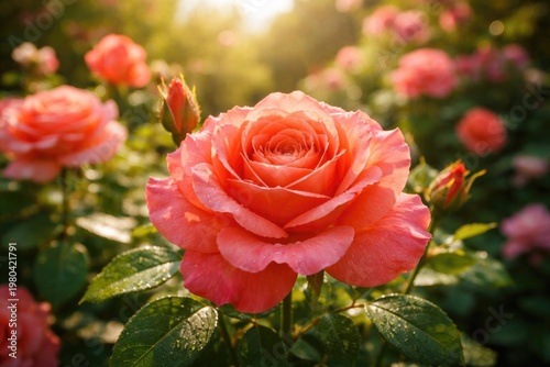 Bright coral rose blooming ...
