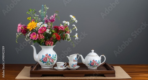 Timeless artful setting with a colorful flower vase and classic tea pieces on a wooden tabletop