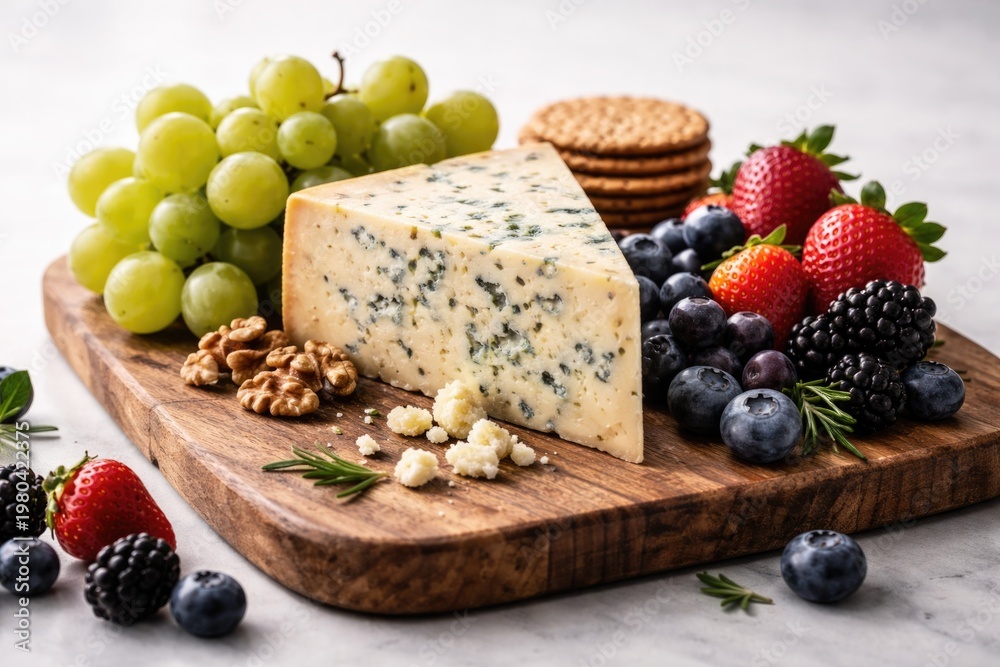 Fototapeta premium Gourmet cheese wedge on artisan wooden board with fresh grapes and berries against a clean white backdrop
