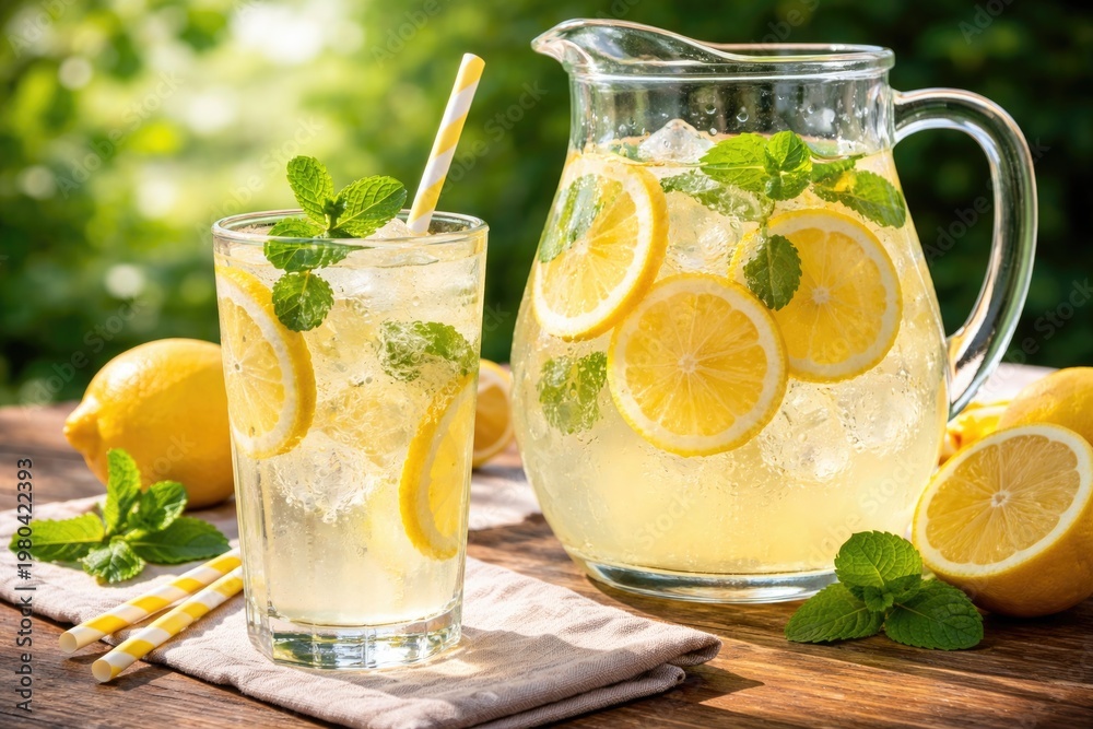 Fototapeta premium Refreshing Lemonade Drink in Clear Glass and Pitcher with Lemons and Mint