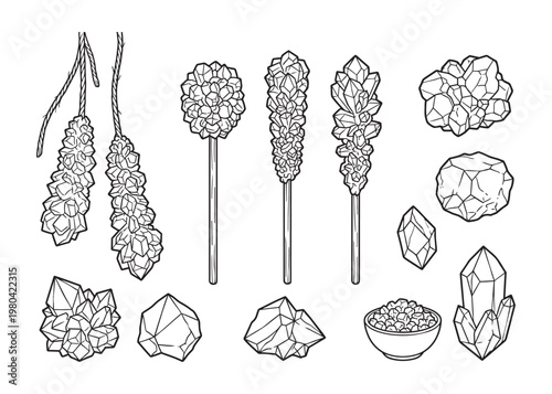 Rock candy set with crystal clusters and sugar sticks on transparent background line art vector file.