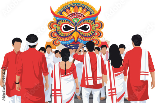 A vibrant illustration of people in traditional red and white attire participating in a cultural procession with a large, colorful owl deity.