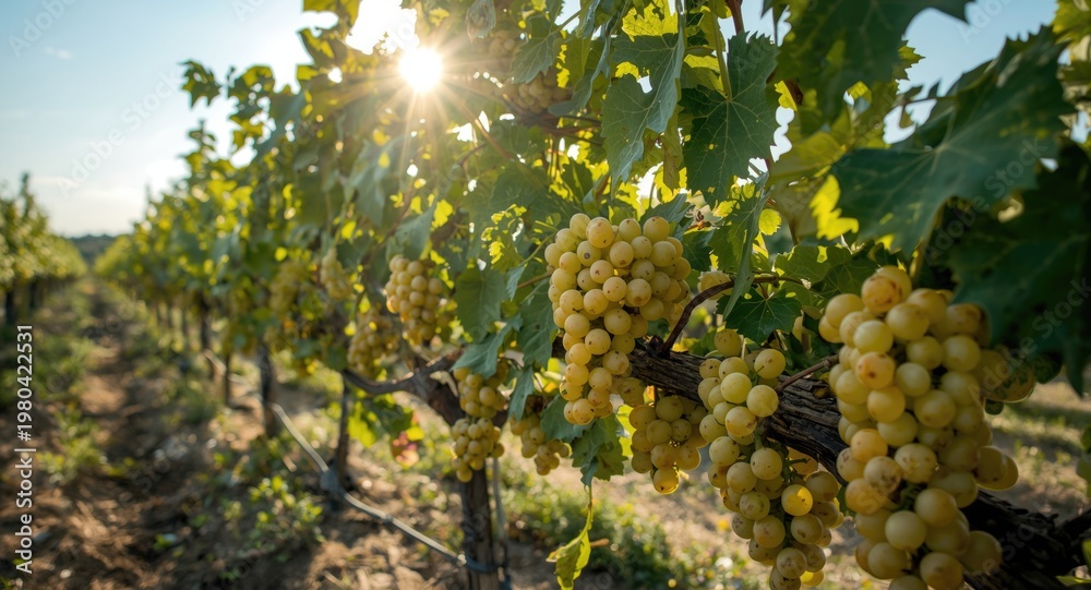 Fototapeta premium Vineyard garden filled with fresh juicy white grapes under clear summer sun
