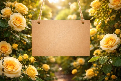Blank cardboard sign hanging amidst yellow roses with copy space in a vibrant garden scene