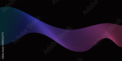 Abstract colored background with flowing wavy lines. Thin, vibrant neon light lines create a glowing effect. Bright shades of blue, purple and red smoothly transition into dark tones and black.