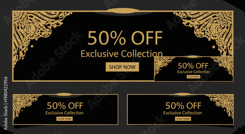 Golden discount labels on black background.