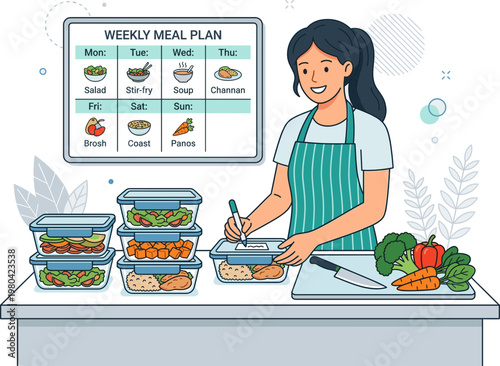 Young Woman Expertly Plans and Prepares a Week's Worth of Healthy Meals, Systematically Portioning Nutritious Food into Containers for an Organized Lifestyle