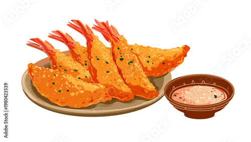 crispy ebi furai fried shrimp with dipping sauce aesthetic flat vector illustration 