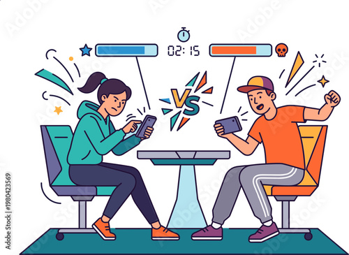Two enthusiastic mobile gamers, a man and a woman, engaged in an exciting competitive online video game battle with intense focus and determination on their smartphones
