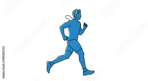 A blue man wearing headphones while jogging isolated on white background