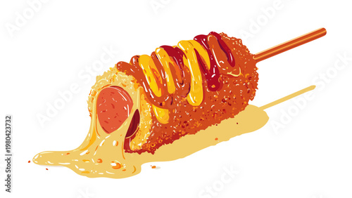 a korean corn dog with melted cheese and condiments aesthetic flat vector illustration 