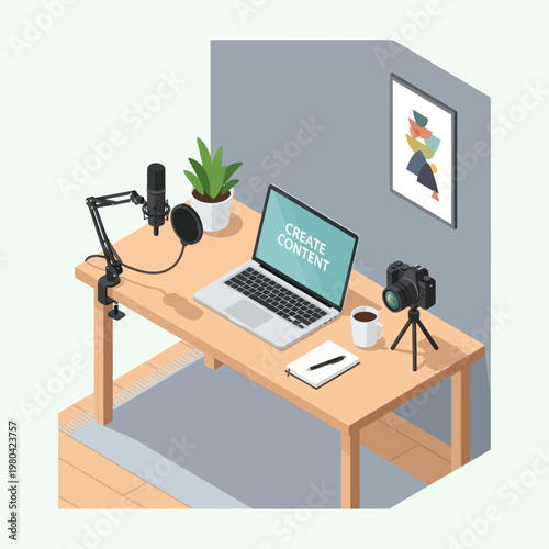 Isometric Content Creation Workspace with Laptop, Microphone, and Camera.