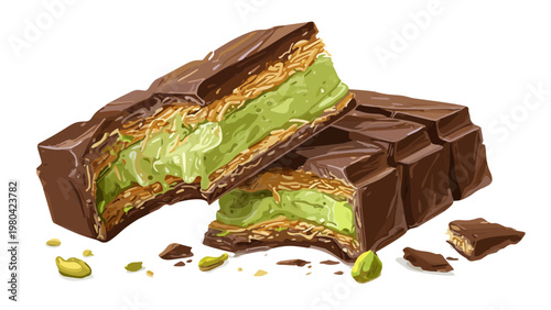 aesthetic flat vector illustration of viral dubai chocolate bar with pistachio kunafeh filling
