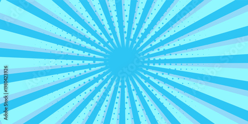 Comic background. Pop art texture. Starburst cartoon style. Anime design with explosion effect for print. Fun dot pattern. Blue backdrop with halftone gradient. Funny line frame. Vector illustration