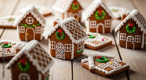 Gingerbread houses on wooden table.