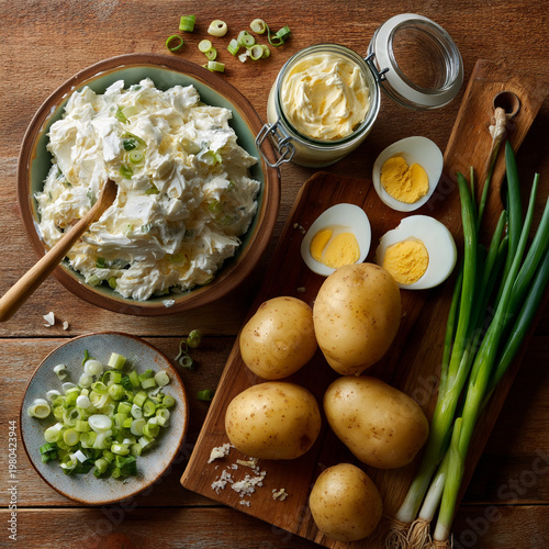 Preparing homemade potato salad with fresh ingredients on a rustic table