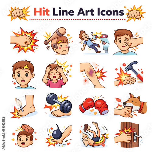 Hit Line Art Icons Set, Strike and Impact Action Outline Collection, Sports and Violence Vector Icons