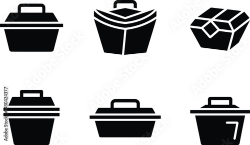 Food container silhouettes, takeout packaging vector, storage box icons, black container illustration, meal prep design, restaurant packaging art collection