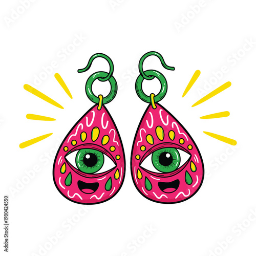 Funky Pink Earrings With Green Eyes and Smiling Faces Whimsical Accessory Design Isolated White