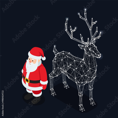 Festive Christmas Scene - Santa Claus and Illuminated Reindeer Decoration.