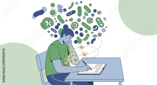 Student with butterflies and microbes in mind, studying at desk