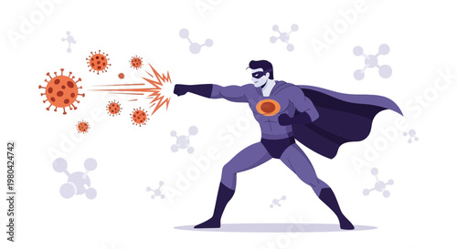 Superhero fighting virus, immune system defense, coronavirus pandemic concept