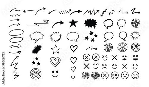 Black and white hand drawn doodles with arrows speech bubbles stars and faces