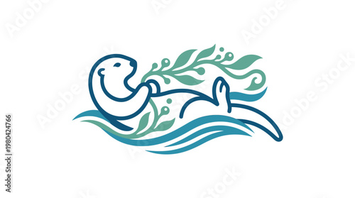Stylized Otter Floating in Water with Green Foliage