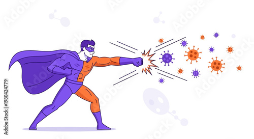 Superhero fighting viruses with a punch, concept of immunity and protection against disease