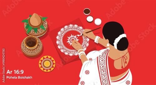 A woman in a white and red saree painting a traditional mandala design for Pohela Boishakh celebration, surrounded by cultural items.