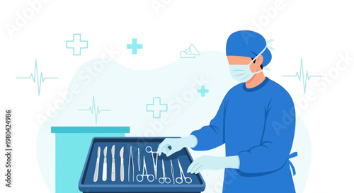 Surgeon in blue scrubs and mask arranging surgical instruments in tray, medical background