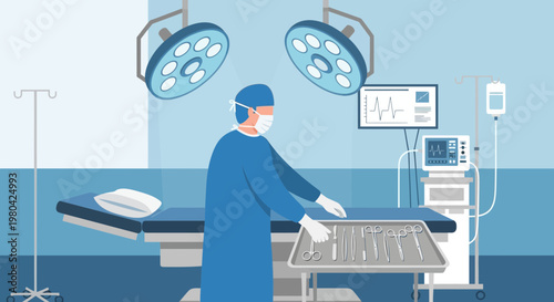Surgeon in Operating Room with Medical Equipment and Instruments
