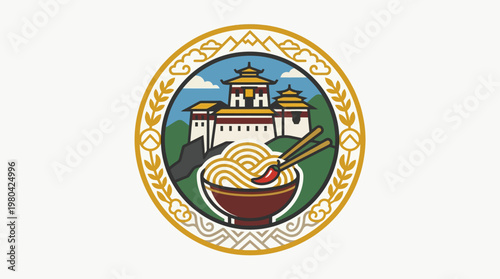 Bhutanese Emblem Featuring Noodles and a Monastery