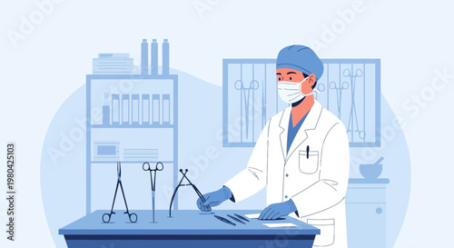 Surgeon in sterile uniform with medical instruments on table in operating room