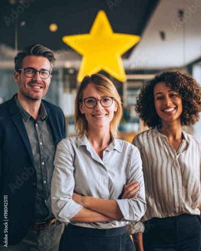 Diverse business team of three professionals standing in boardroom with glowing yellow star icon on screen behind 
