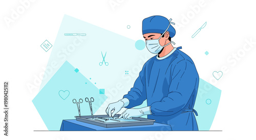 Surgeon in surgical attire performing operation with medical instruments in sterile operating room