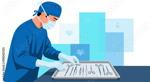 Surgeon in surgical scrubs and mask arranging medical instruments on a tray, healthcare concept
