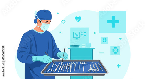 Surgeon in surgical attire preparing instruments for operation in modern operating room