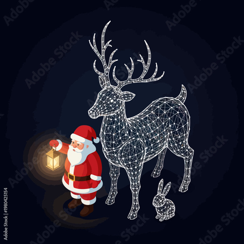 Festive Christmas Scene - Santa, Reindeer, and Bunny in Holiday Lights.