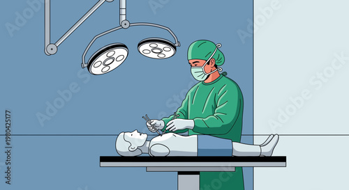 Surgeon Performing Operation on Patient in Operating Room Under Surgical Lights