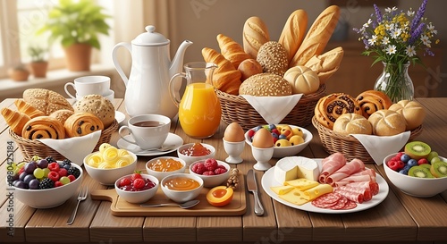 Delicious breakfast spread on wooden table.