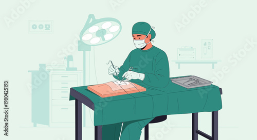 Surgeon performing surgery in operating room with surgical instruments and medical equipment