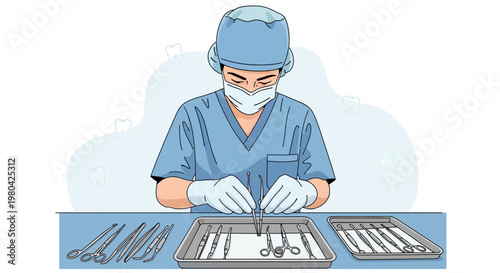 Surgeon Preparing Surgical Instruments for Operation in Sterile Tray