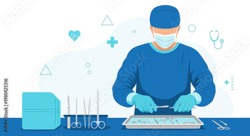 Surgeon preparing surgical instruments for operation in sterile operating room