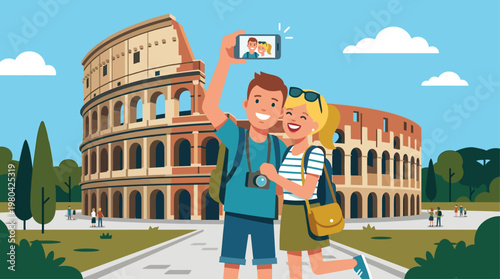 This engaging flat design illustration shows a traveling couple capturing a joyful selfie in front of an iconic monument, celebrating their travel memories. It highlights modern tourism