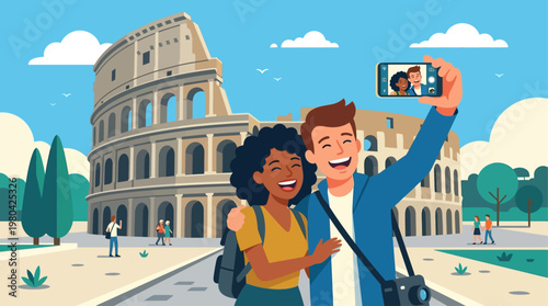 This engaging flat design illustration shows a traveling couple capturing a joyful selfie in front of an iconic monument, celebrating their travel memories. It highlights modern tourism
