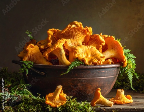 A rustic still life captures vibrant orange mushrooms spilling from a clay bowl, accented by green ferns. The backdrop is muted